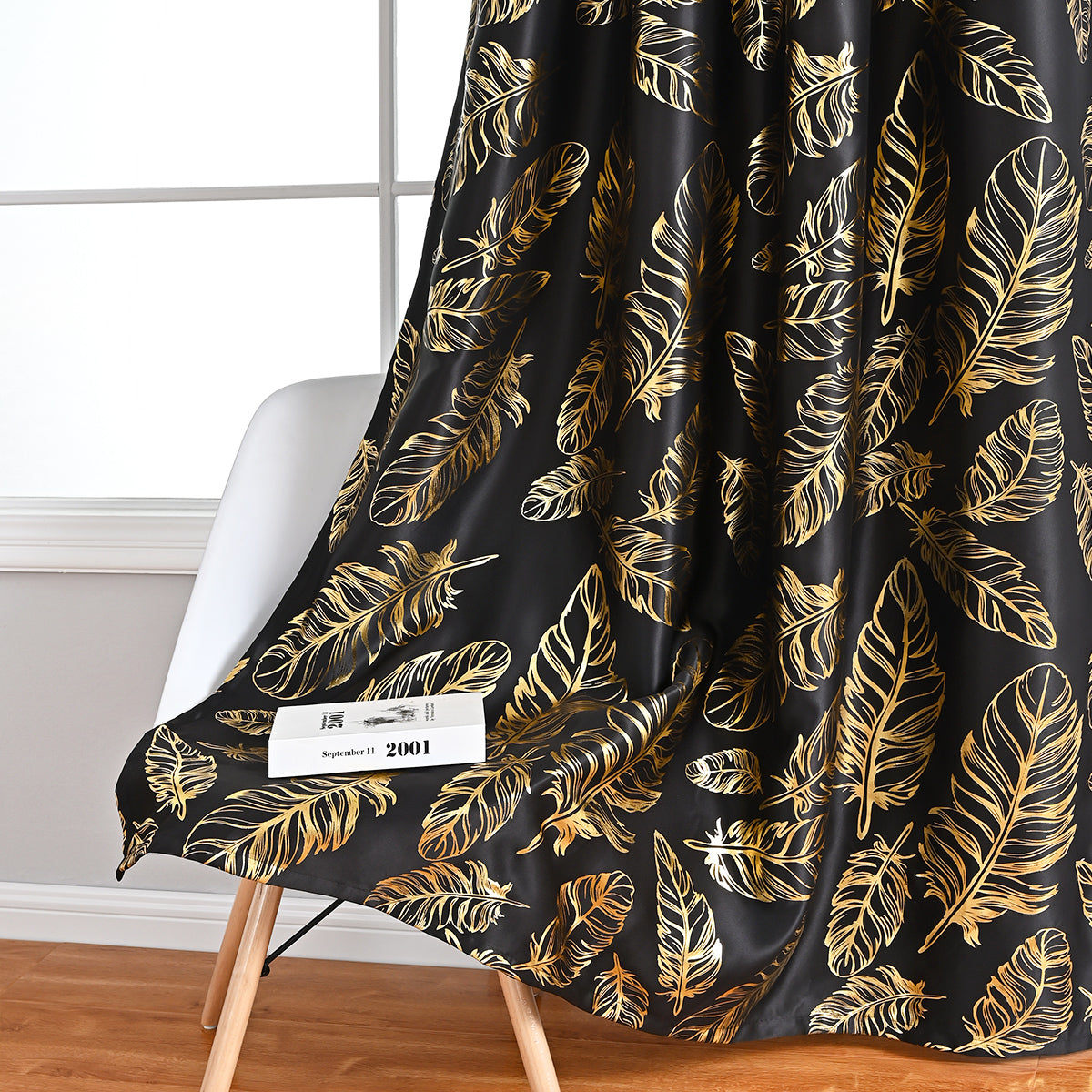 Gold Stamping Feather Curtains, 1 Panel, Black, 100*130cm/100*250cm