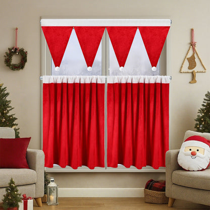 Weihnachtliches 3er-Set Kurzgardinen mit Pompoms – Rote Dekogardinen für Küche und Wohnzimmer