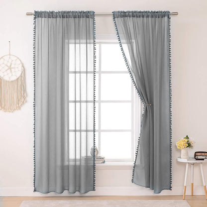 Rideaux transparents à pompons, gris, 1 panneau, 132x160cm/132x210cm/132x240cm/132x270cm
