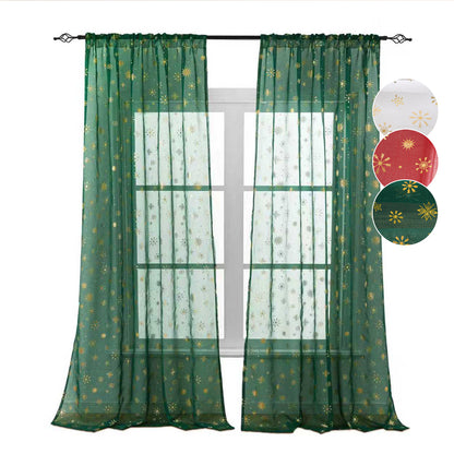 Weihnachtsvorhang Schneeflocken Goldfolie 2er Set Transparente Gardine