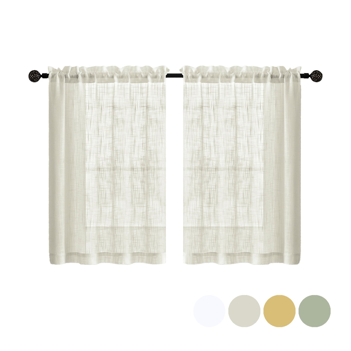 2 Short Linen-Look Sheer Curtains with Rod Pocket for Kitchen Bathroom Window