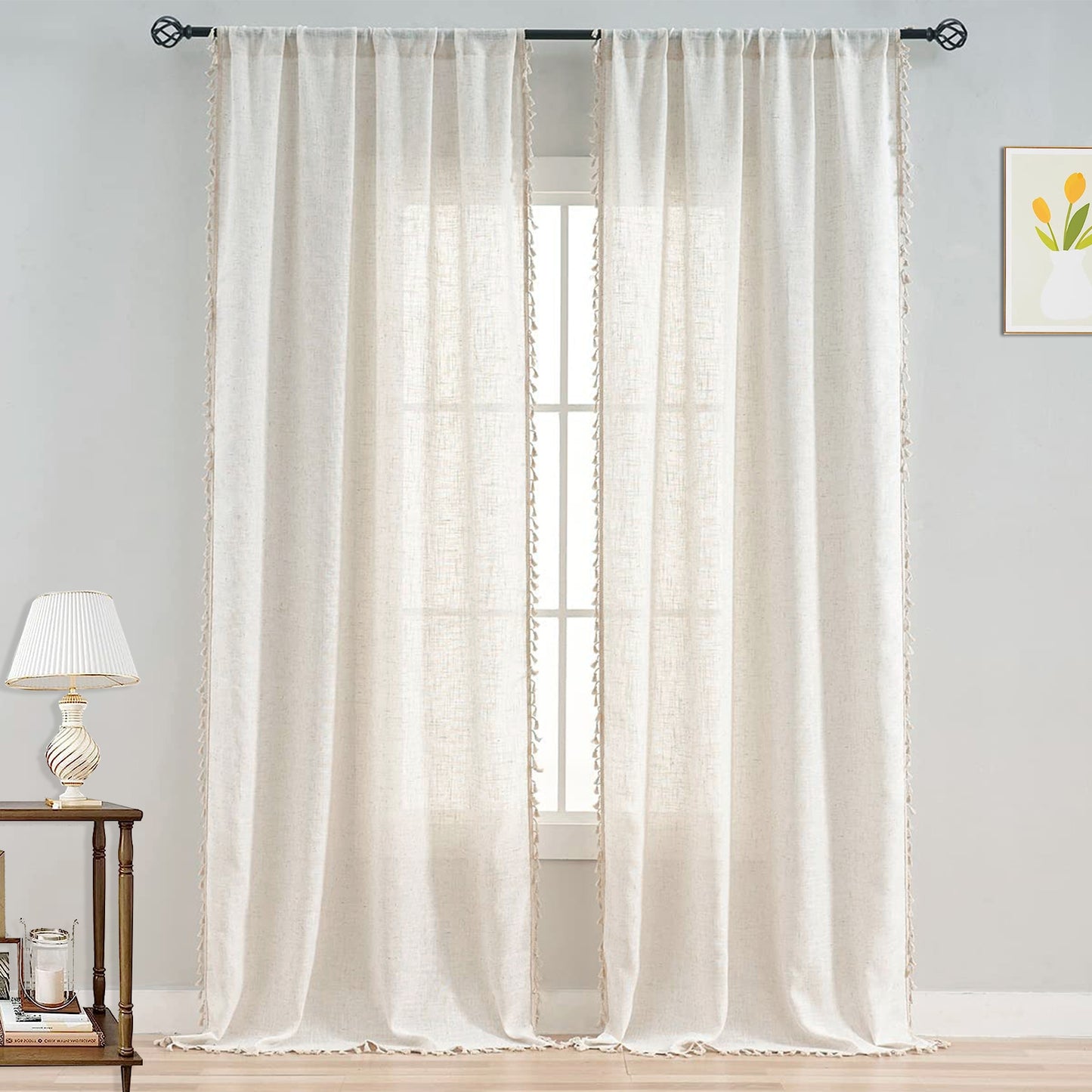 1 Panel Boho Cream Vintage Tassel Sheer Curtains