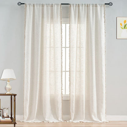 1 Panel Boho Cream Vintage Tassel Sheer Curtains