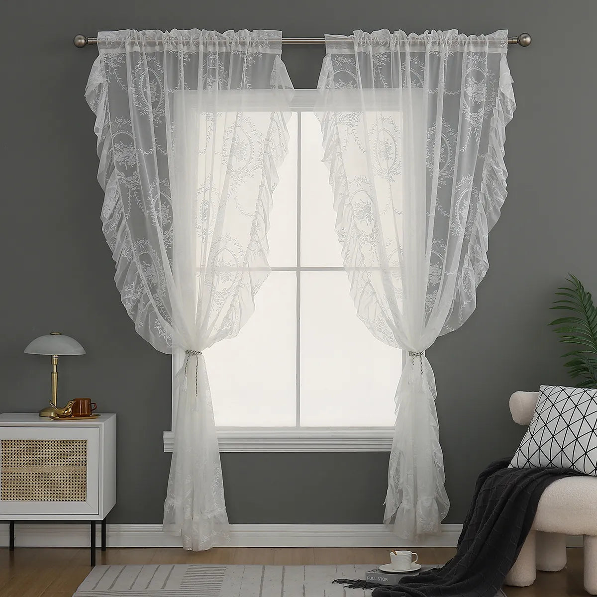 Voile Vorhänge Floral Spitze Rüschen Fenster Sheer Vorhänge Wohnzimmer Dekor 1 Panel