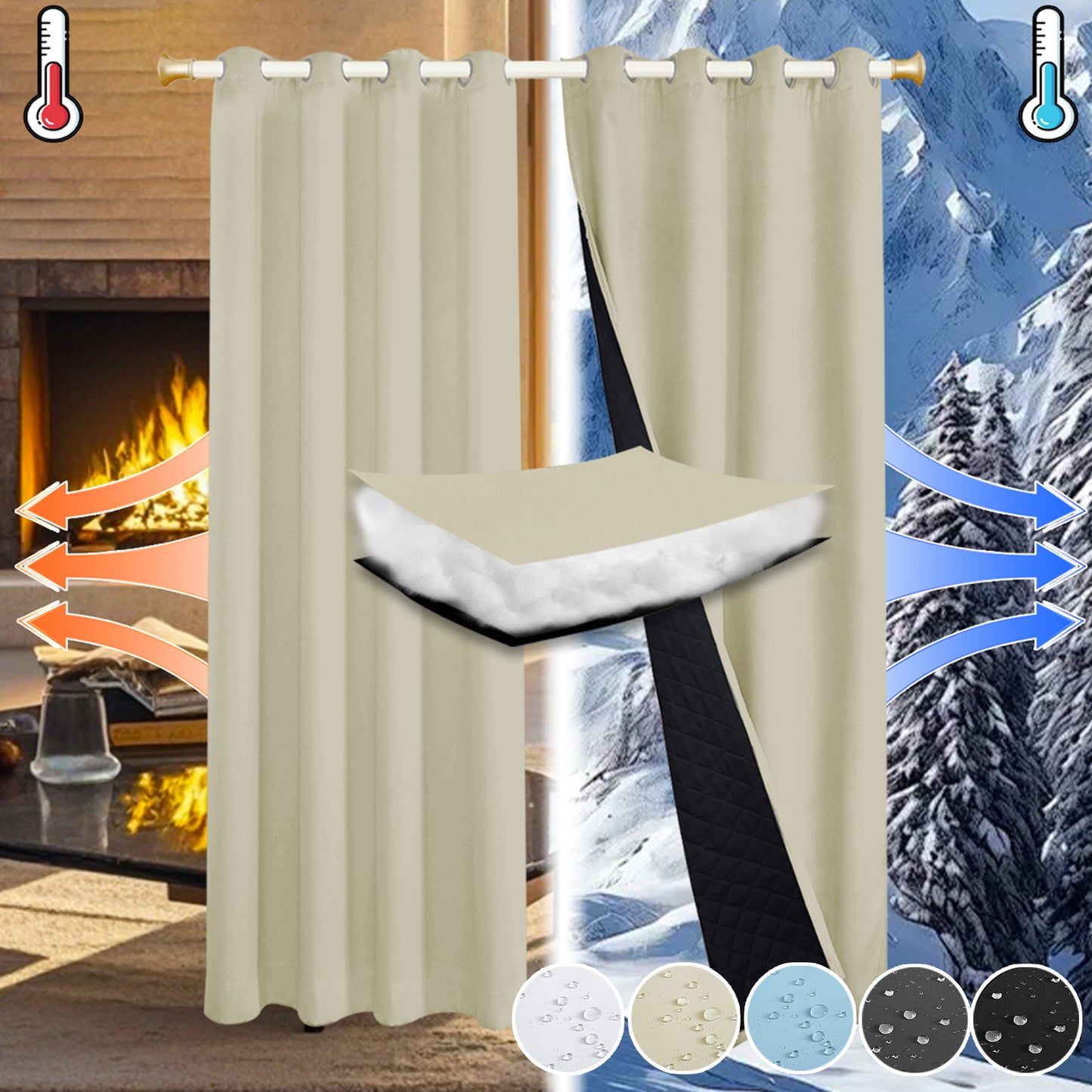 Outdoor Curtain – Waterproof, Windproof and Quilted, 100% Blackout, 1/2 Panel