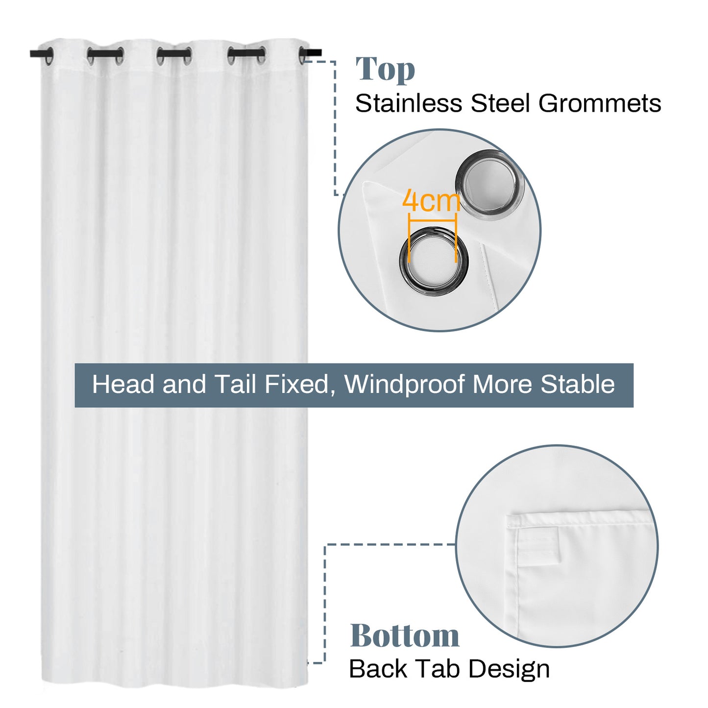 Semi-transparent, water-repellent outdoor curtain with eyelets for patio and balcony