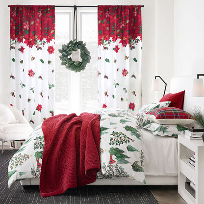 Weihnachtsvorhang Rot Weiß mit Blumenmuster 2er Set
