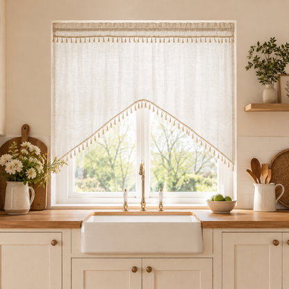 Arched cafe curtain in a linen blend with tassels in a country style