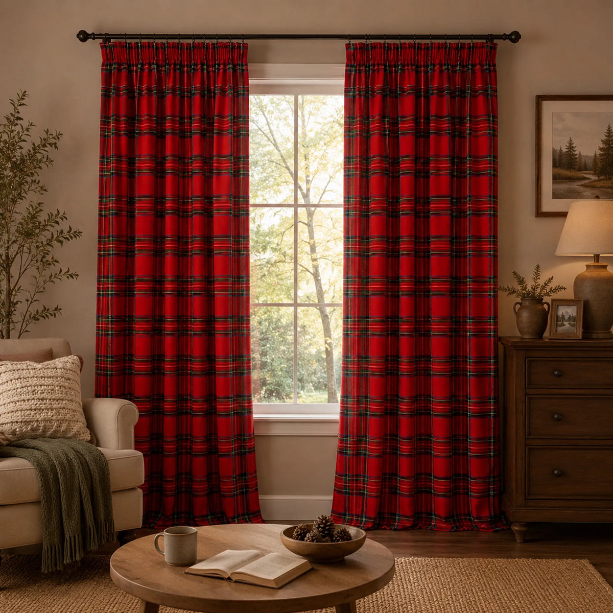 2 rideaux de Noël à carreaux tartan, semi-transparents et avec bande multifonctionnelle