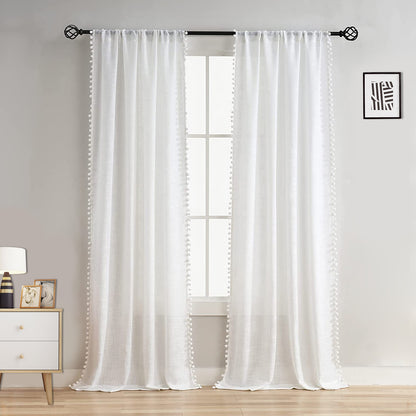 1 Panel White Pompom Semi-Sheer Sheer Curtains