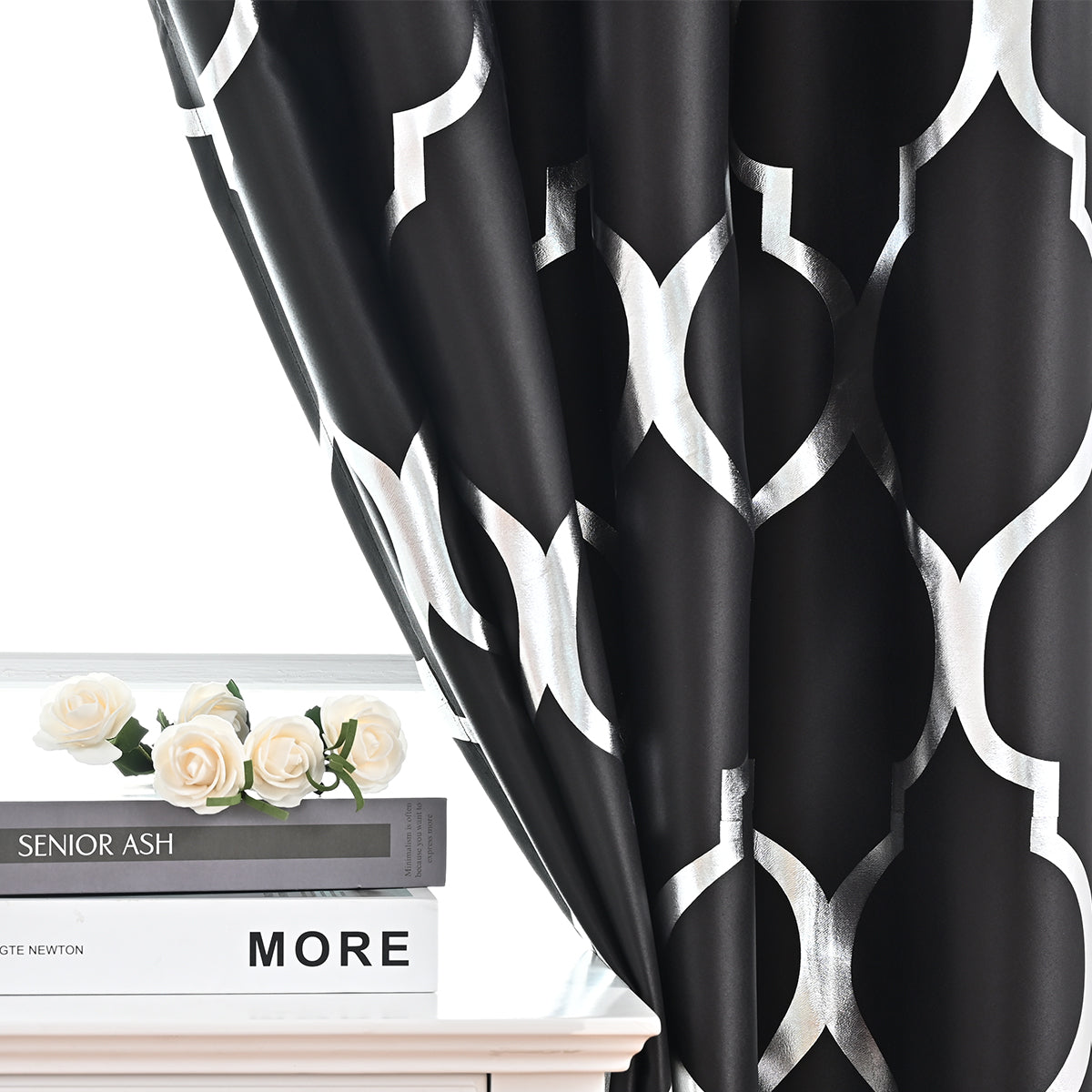 Geometric Silver Stamping Curtains, 1 Panel, Black, 100*130cm/100*250cm