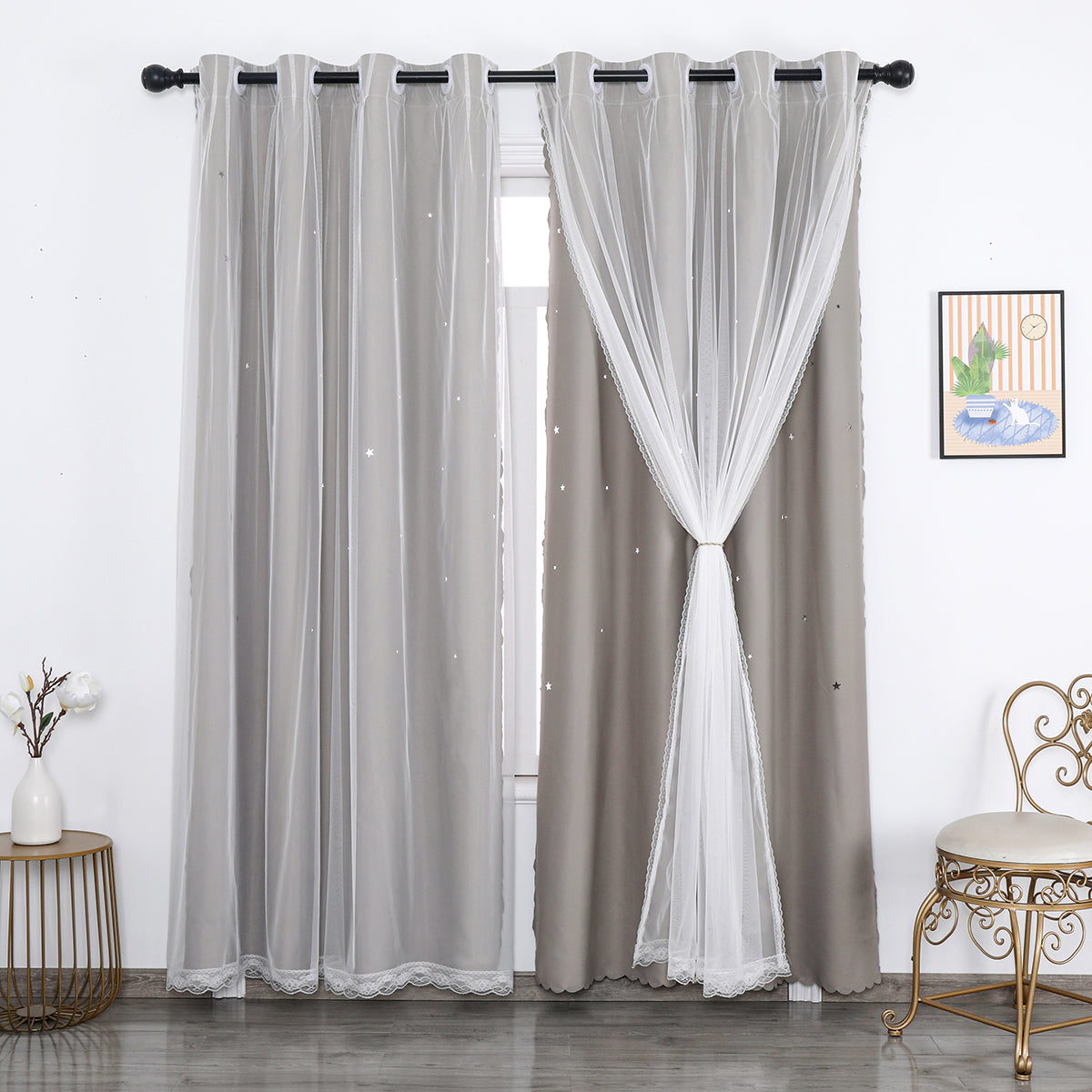 Verdunkelungsvorhang mit Tüll Overlay und Ausgestanzten Sternen – Einzelne Gardinenbahn