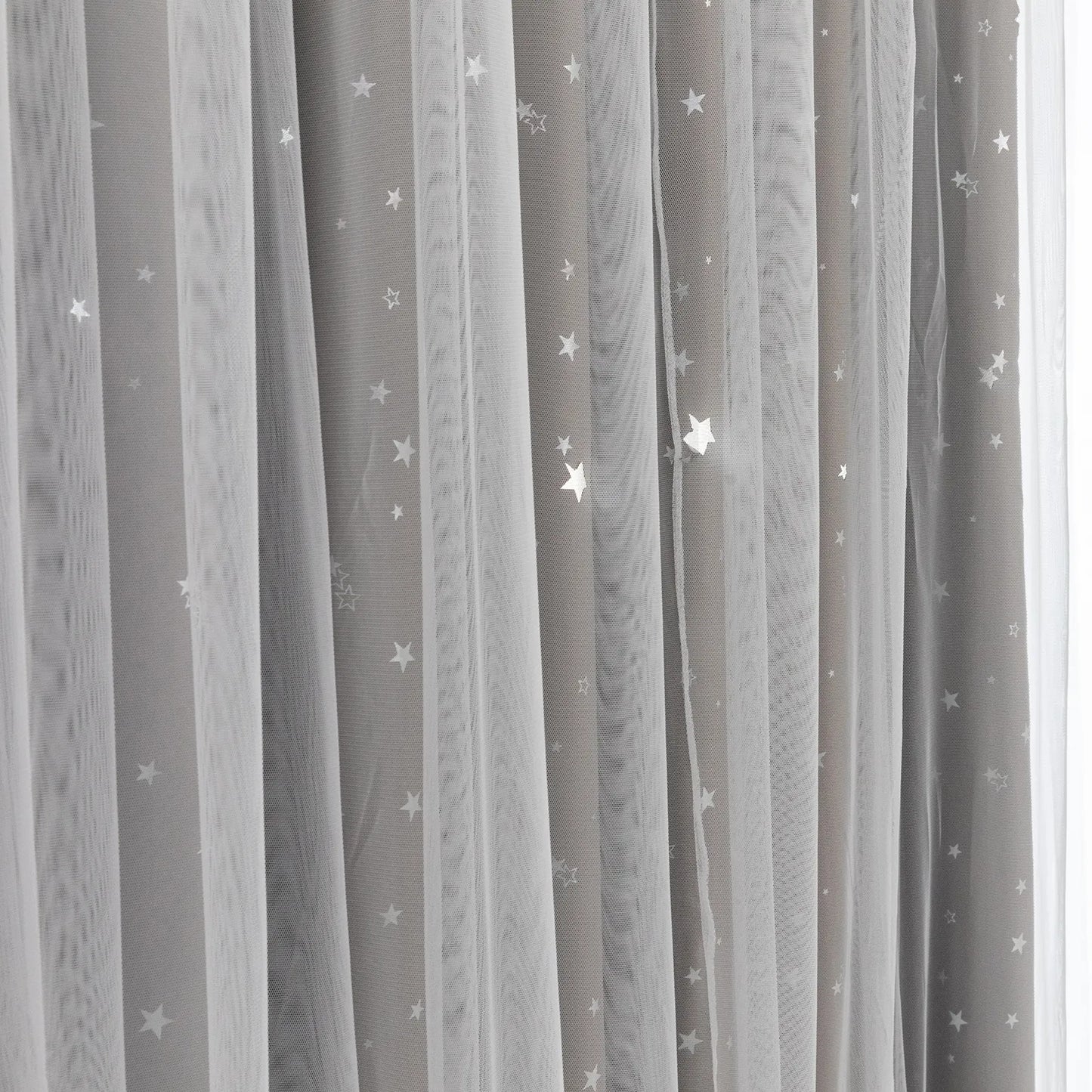 Blackout curtain with double-layered tulle, cut-out stars and silver print – 1 piece