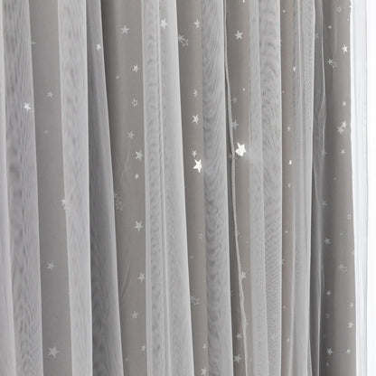 Blackout curtain with double-layered tulle, cut-out stars and silver print – 1 piece