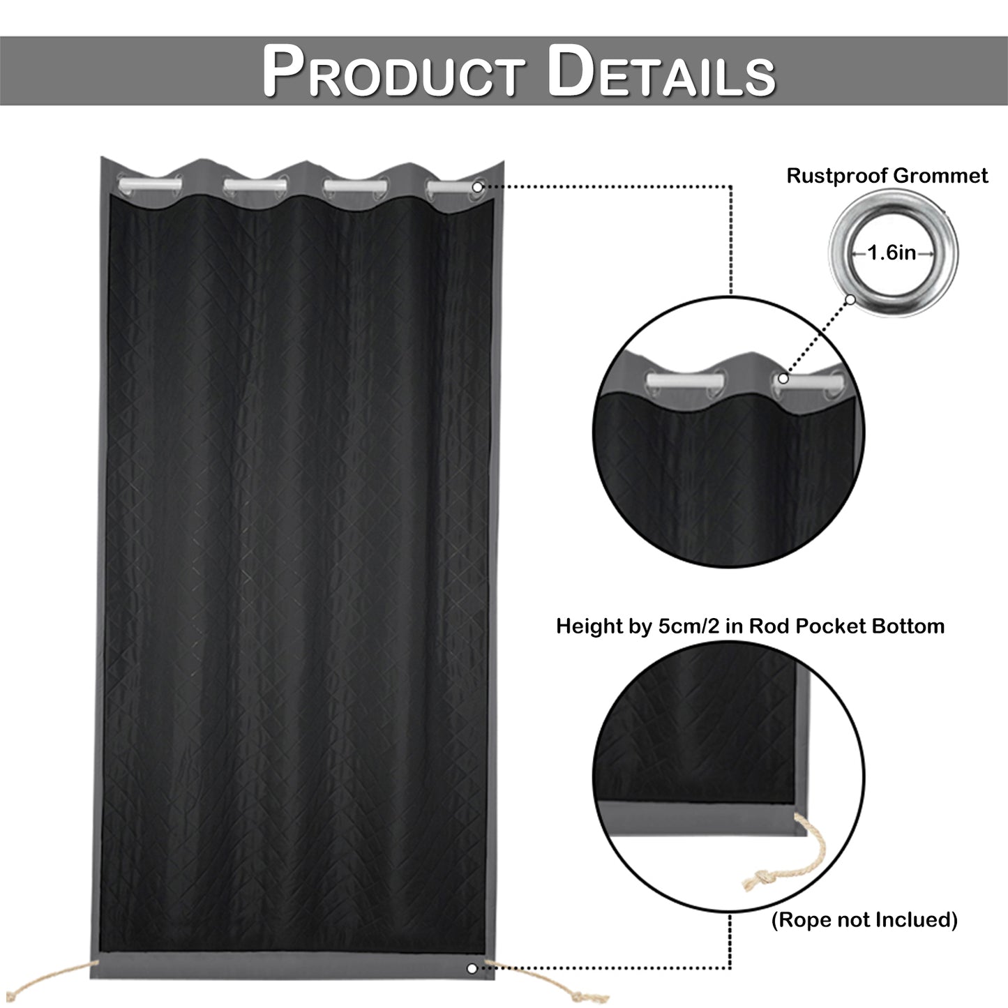 Outdoor Curtain – Waterproof, Windproof and Quilted, 100% Blackout, 1/2 Panel
