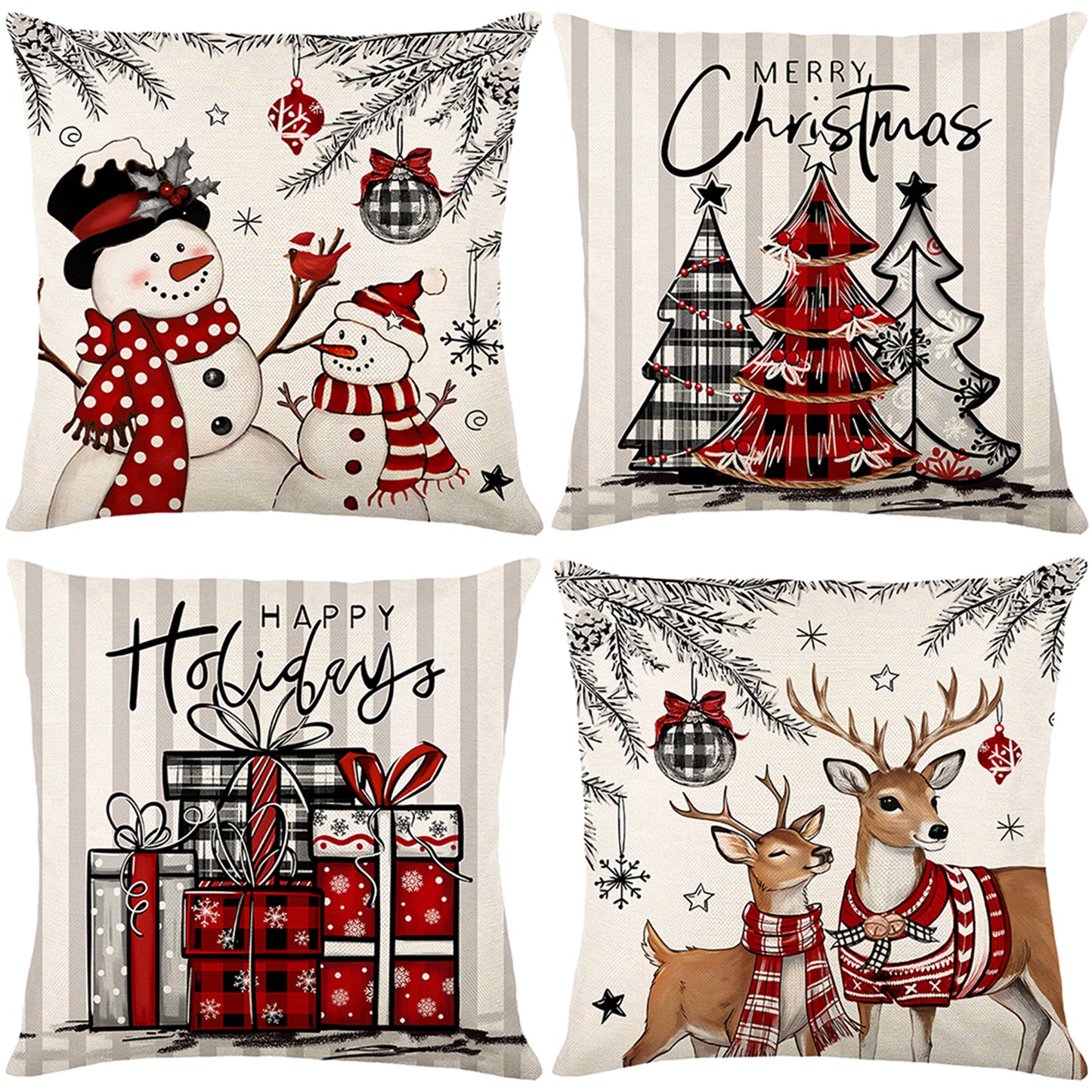 4er-Set Weihnachts-Kissenbezüge aus Leinen – Softe Dekokissen für Sofa und Bett (45×45 cm)