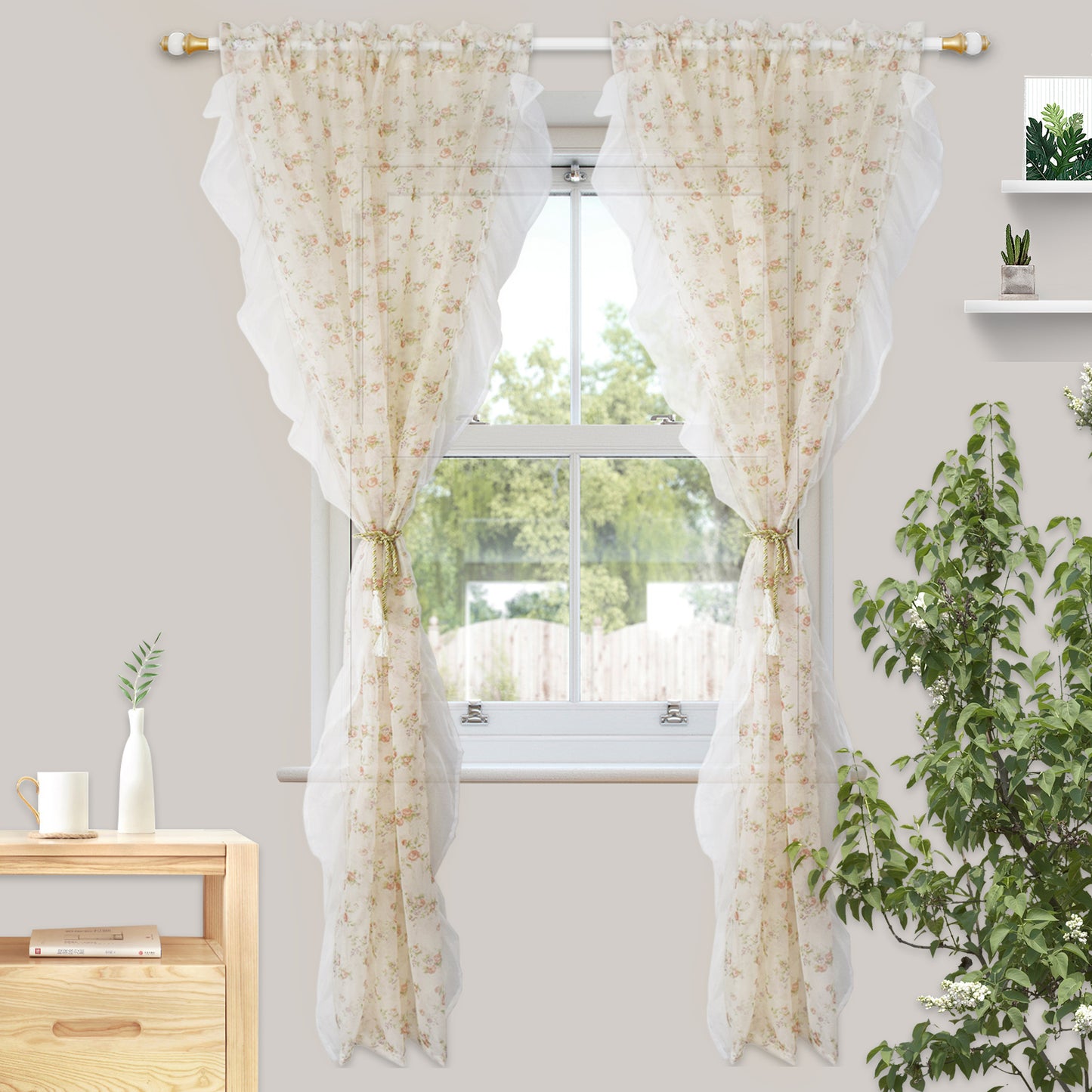 Rose Sheer Curtains, 1 Panel, Beige, 132x160cm/132x213cm/132x244cm