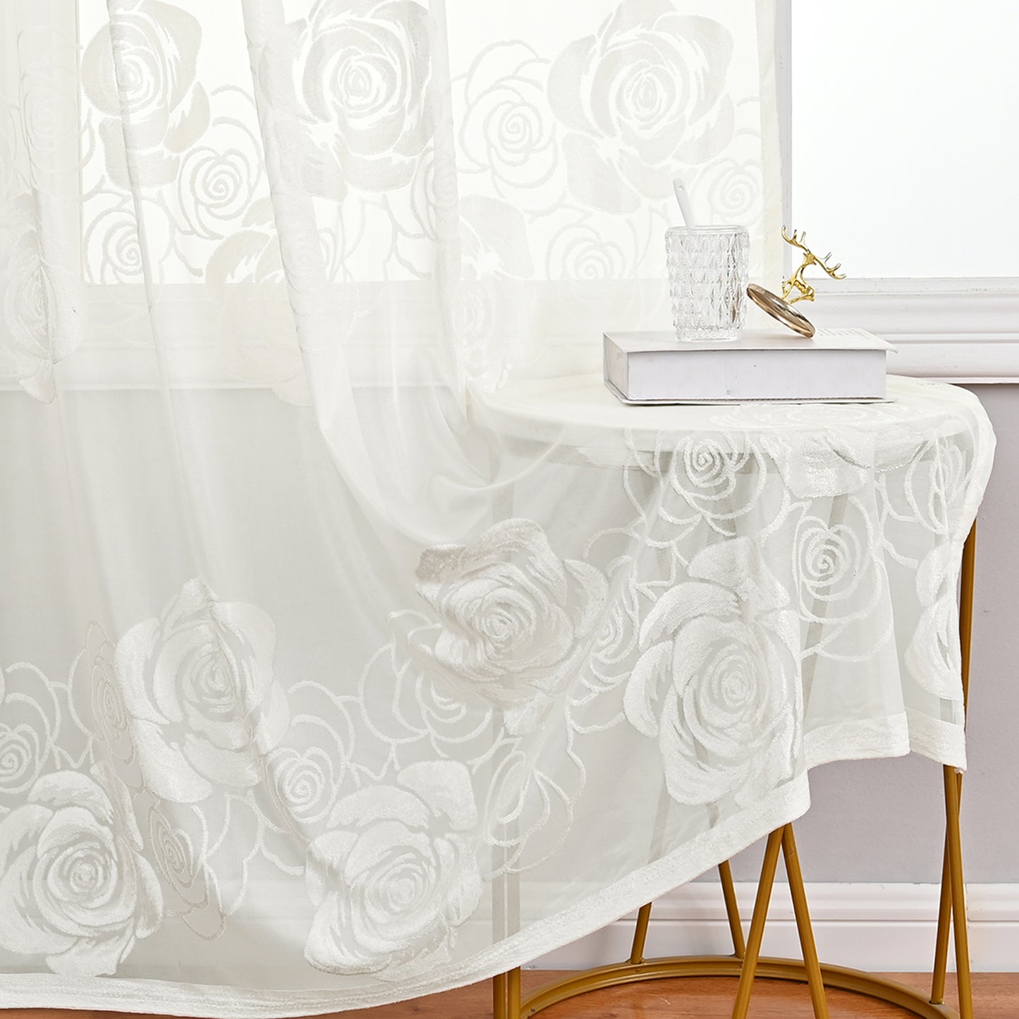 Rideaux transparents floqués à motif de roses, 1 panneau, blanc, 100 x 200 cm/100 x 250 cm/140 x 260 cm