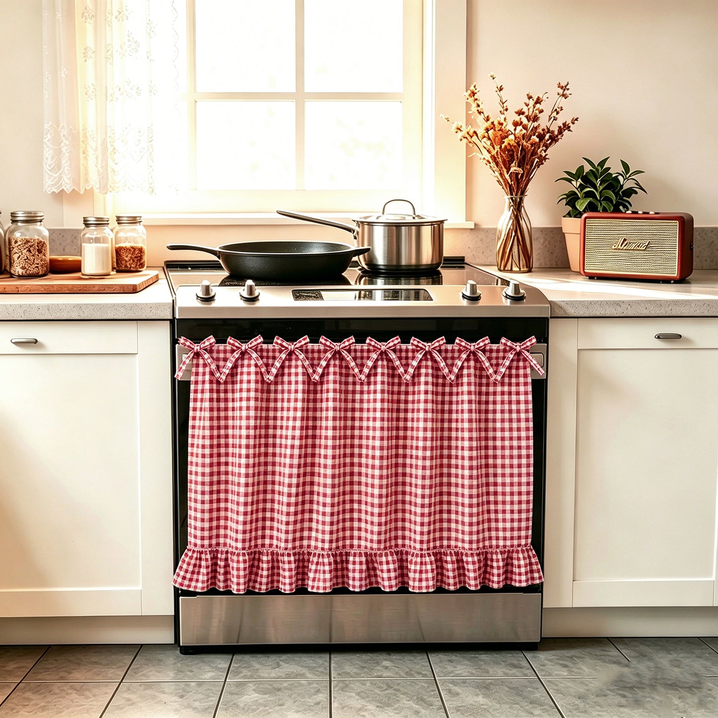 Rideau court à carreaux avec nouettes style maison de campagne