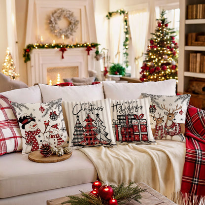 4er-Set Weihnachts-Kissenbezüge aus Leinen – Softe Dekokissen für Sofa und Bett (45×45 cm)