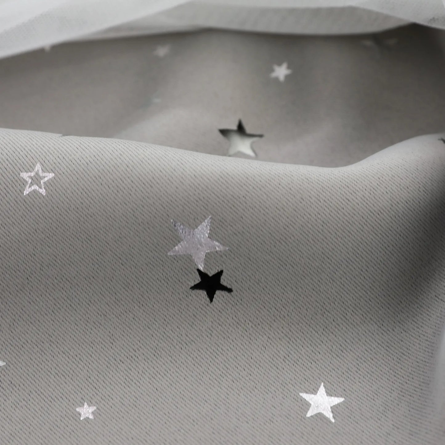 Blackout curtain with double-layered tulle, cut-out stars and silver print – 1 piece
