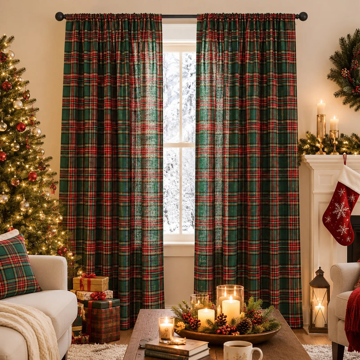 2 rideaux de Noël à carreaux tartan, semi-transparents et avec bande multifonctionnelle