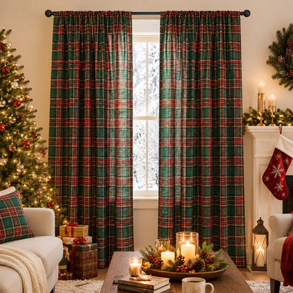 2 rideaux de Noël à carreaux tartan, semi-transparents et avec bande multifonctionnelle