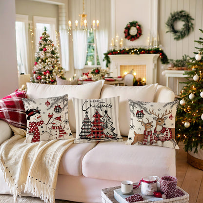 4er-Set Weihnachts-Kissenbezüge aus Leinen – Softe Dekokissen für Sofa und Bett (45×45 cm)