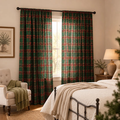 2 rideaux de Noël à carreaux tartan, semi-transparents et avec bande multifonctionnelle