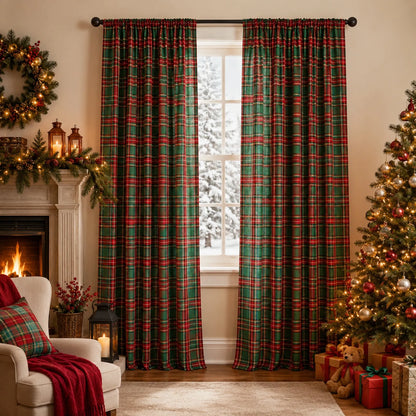 2 rideaux de Noël à carreaux tartan, semi-transparents et avec bande multifonctionnelle
