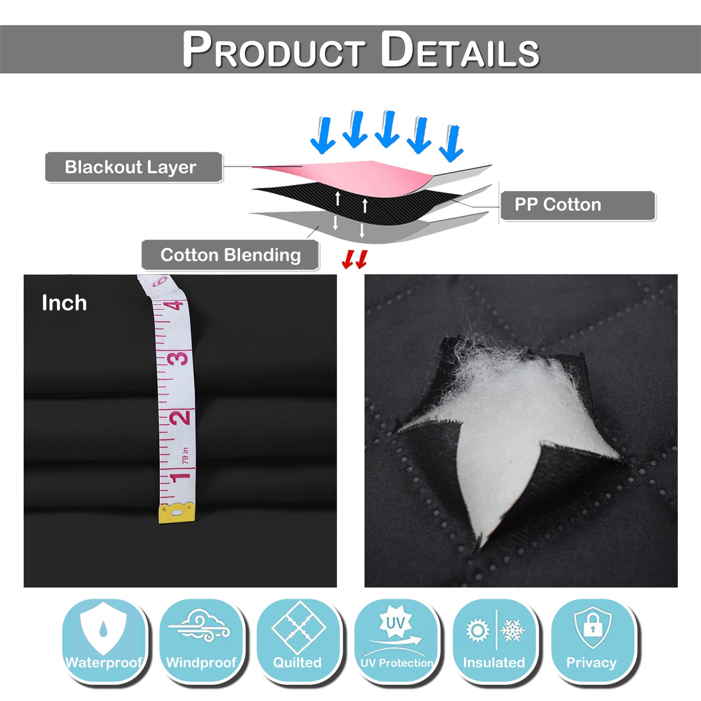 Outdoor Curtain – Waterproof, Windproof and Quilted, 100% Blackout, 1/2 Panel