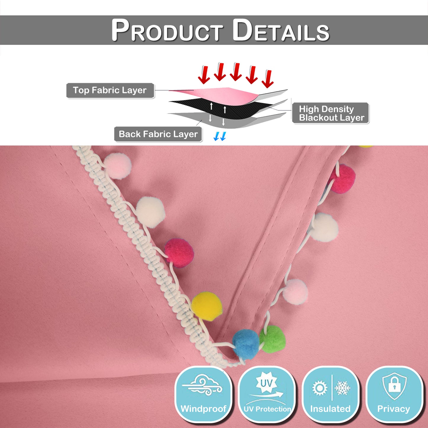Pom Pom Blackout Curtains, 1 Panel, Pink, 132*160cm/132*213cm/132*243cm