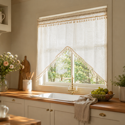 Arched cafe curtain in a linen blend with tassels in a country style