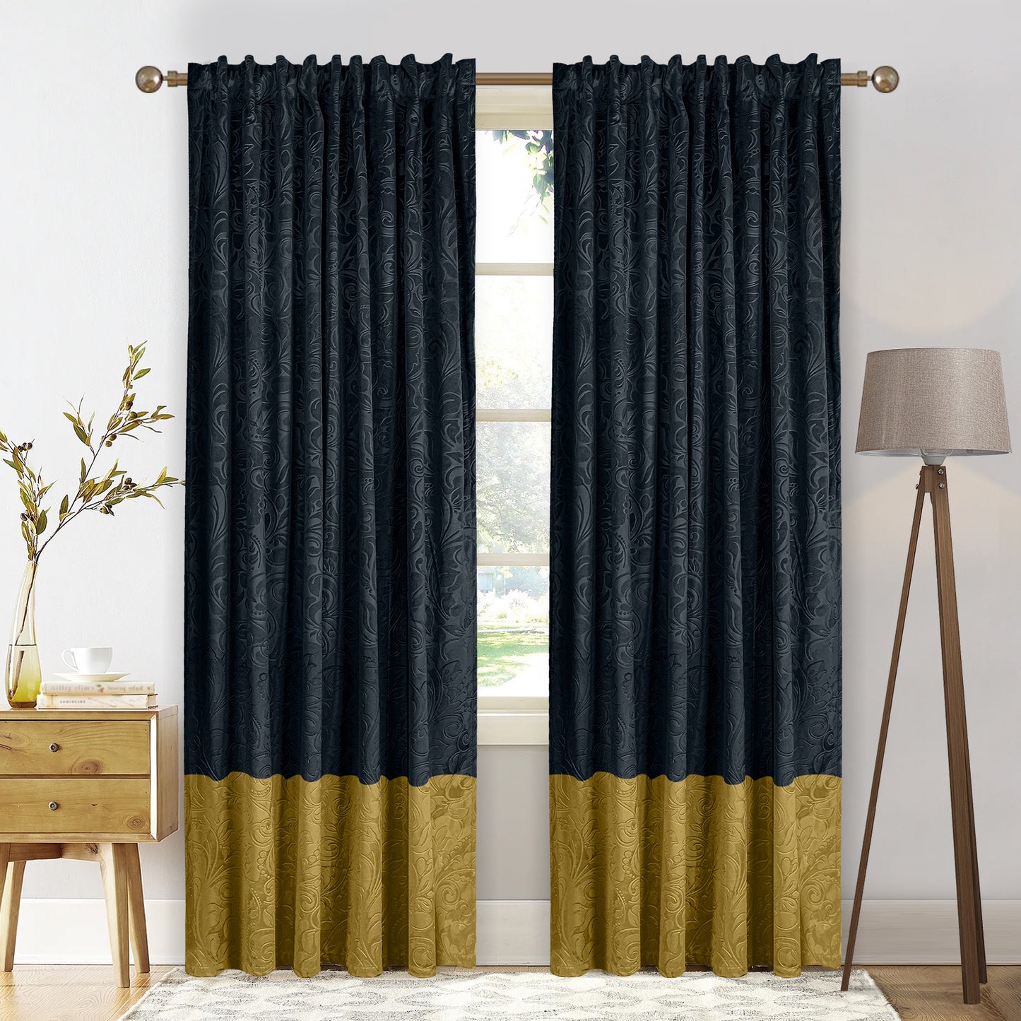 Rideaux en velours de luxe avec motif à blocs de couleurs · Noir et or