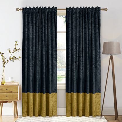 Rideaux en velours de luxe avec motif à blocs de couleurs · Noir et or
