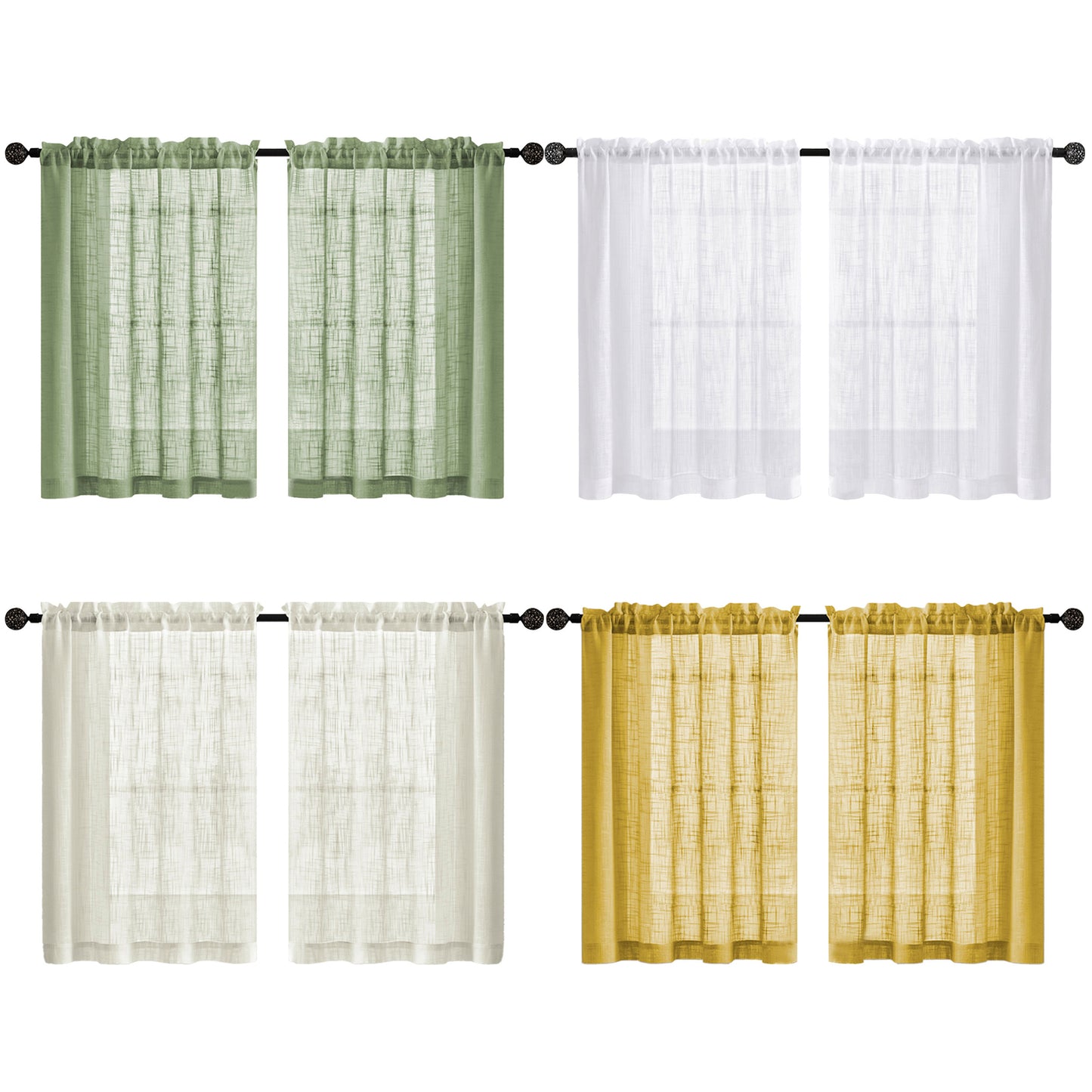 2 Short Linen-Look Sheer Curtains with Rod Pocket for Kitchen Bathroom Window