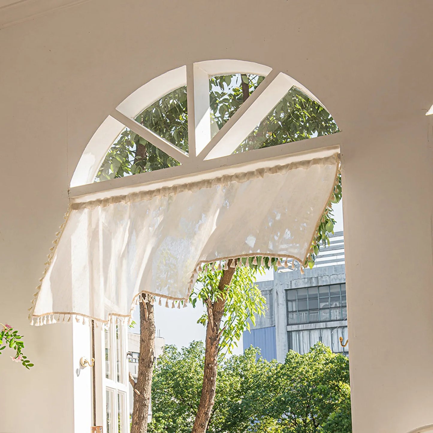 1 Panel Cream Tassels Window Tier Short Curtains