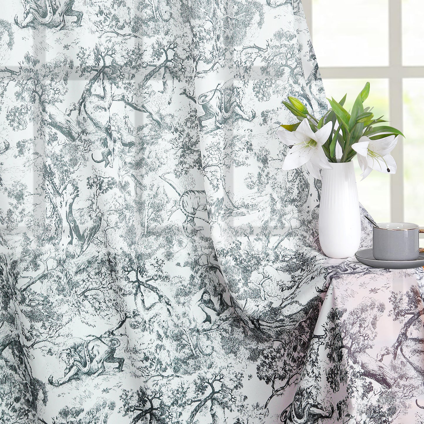 Jungle Motif Transparent Curtain Grey