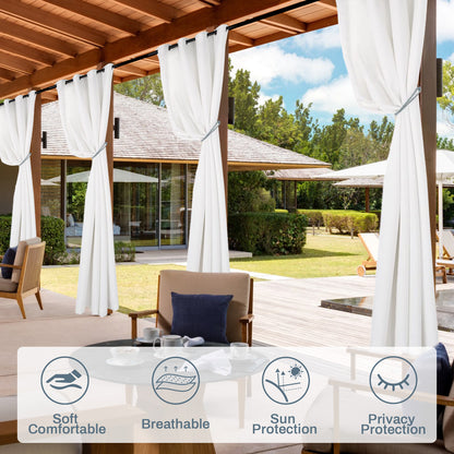 Semi-transparent, water-repellent outdoor curtain with eyelets for patio and balcony