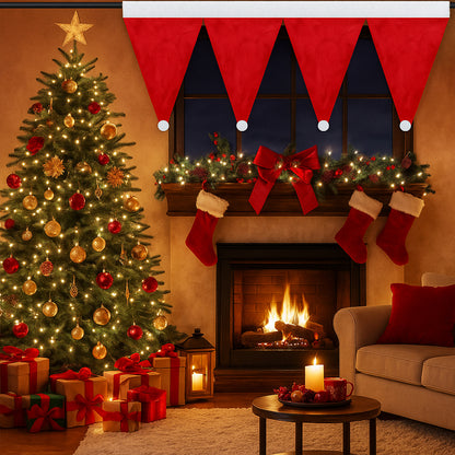 Weihnachtliches 3er-Set Kurzgardinen mit Pompoms – Rote Dekogardinen für Küche und Wohnzimmer