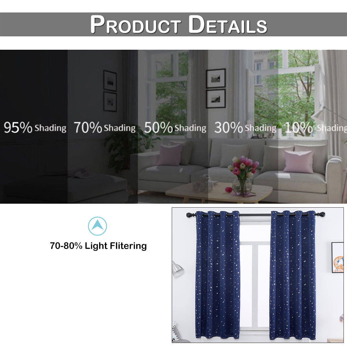 Rideaux étoiles estampés argent, 1 panneau, bleu marine, 132*114cm/132*160cm/132*213cm/132*243cm