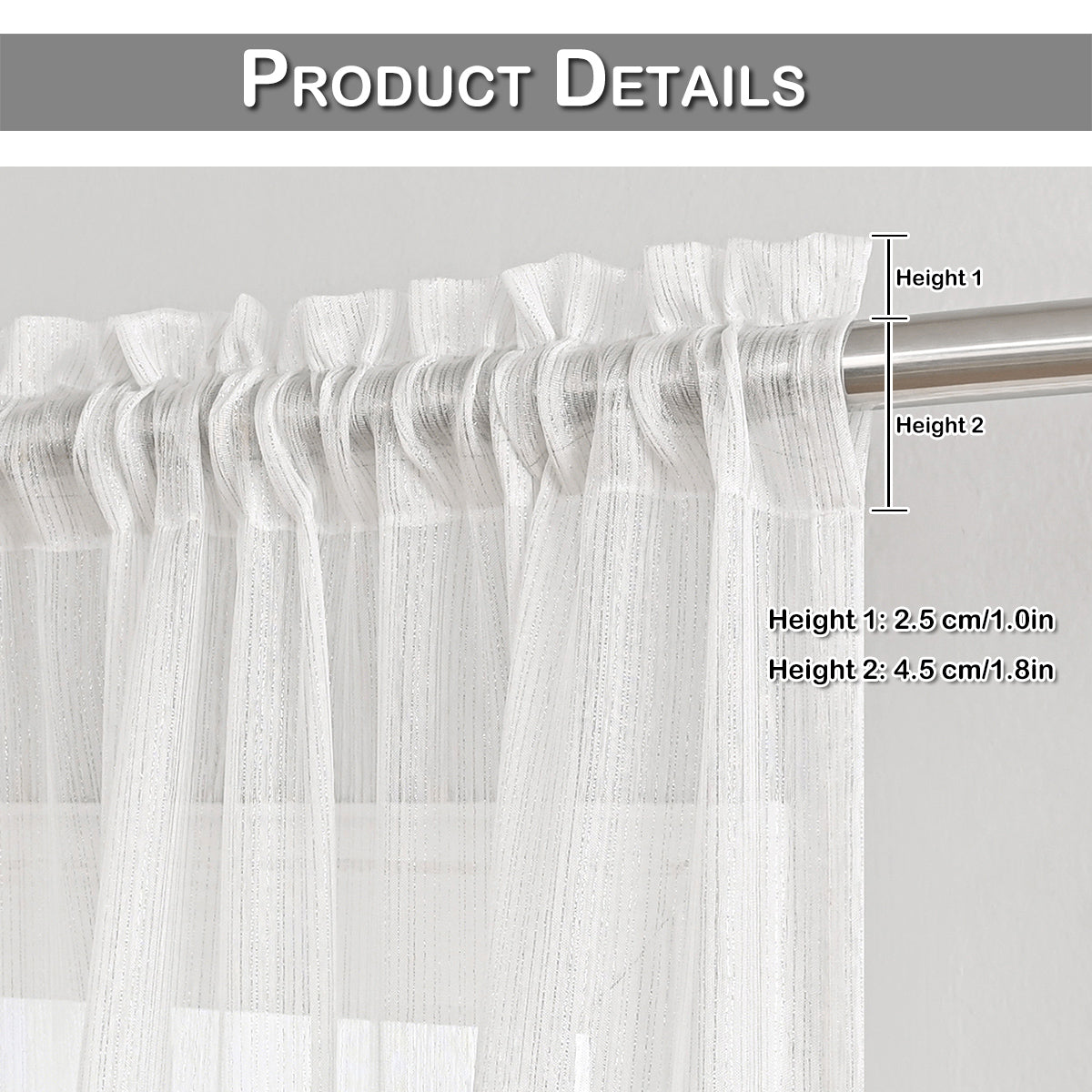 Rideaux transparents scintillants Silver Lines, 1 panneau, blanc, 100*130cm/100*200cm/100*250cm/140*260cm