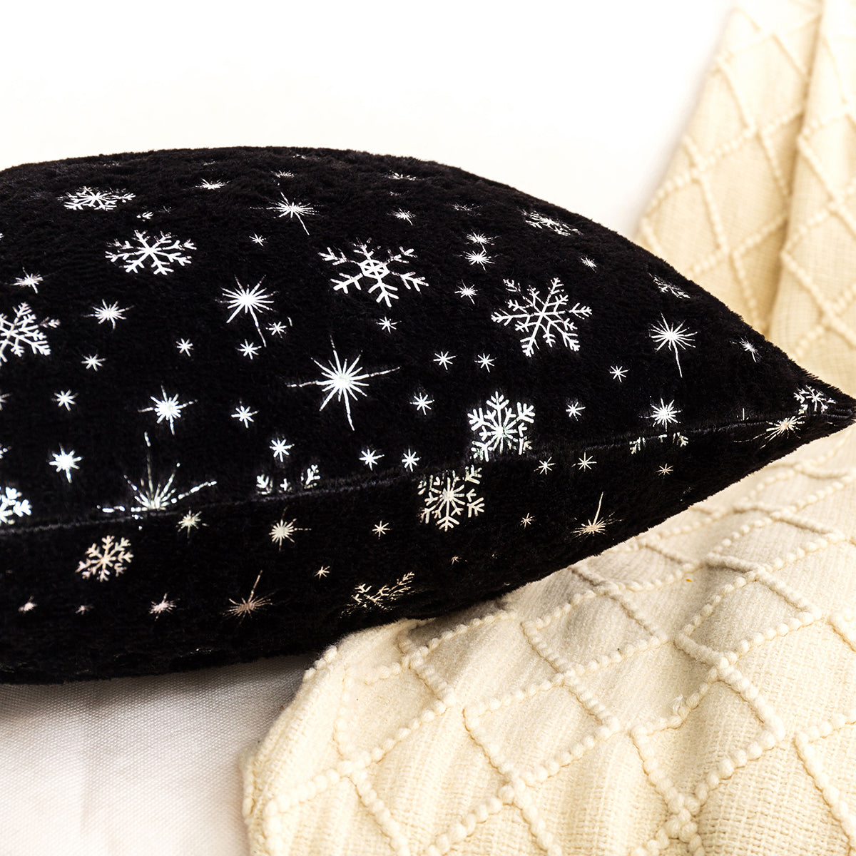 Soft plush pillowcase with snowflakes and gold embossing