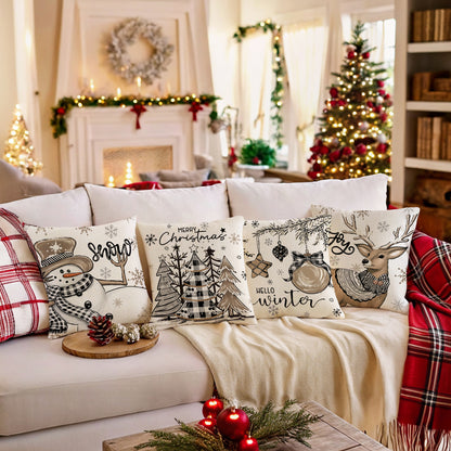 4er-Set Weihnachts-Kissenbezüge aus Leinen – Softe Dekokissen für Sofa und Bett (45×45 cm)