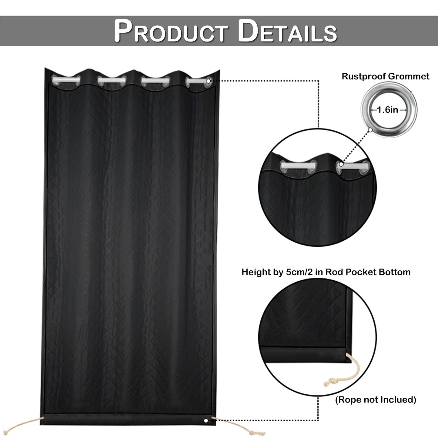 Outdoor Curtain – Waterproof, Windproof and Quilted, 100% Blackout, 1/2 Panel