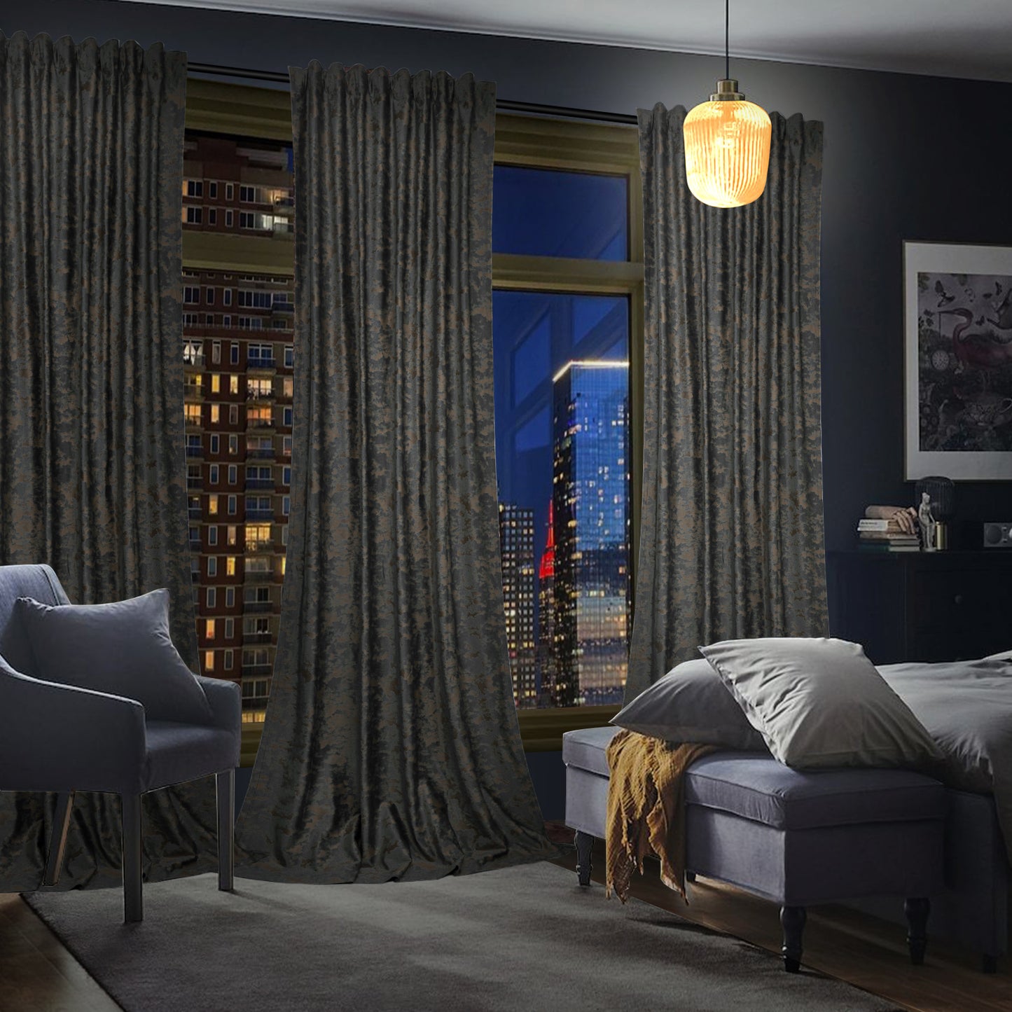 Velvet blackout curtains with gold print