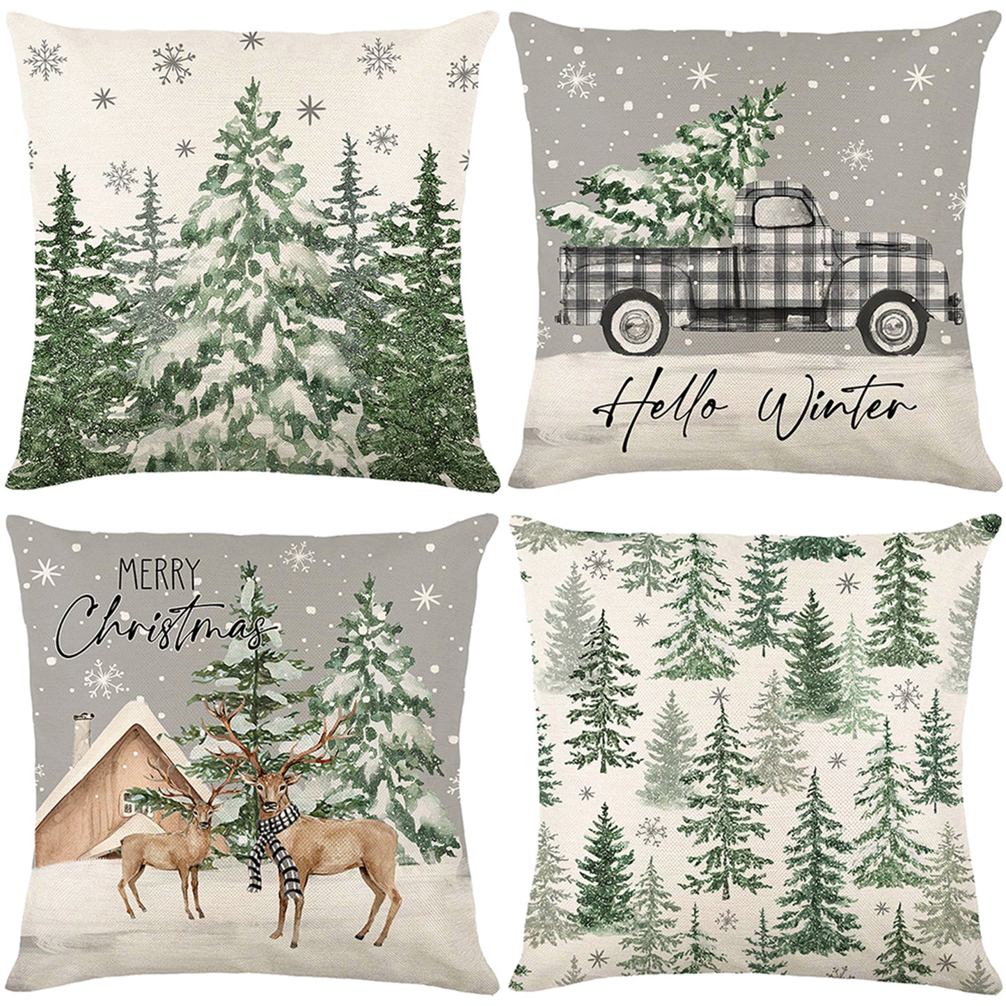 4er-Set Weihnachts-Kissenbezüge aus Leinen – Softe Dekokissen für Sofa und Bett (45×45 cm)