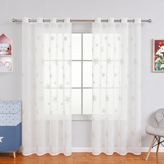 Christmas Embroidery Snowflake Sheer Curtains, 1 Panel, White, 100*200cm/100*250cm/140*260cm