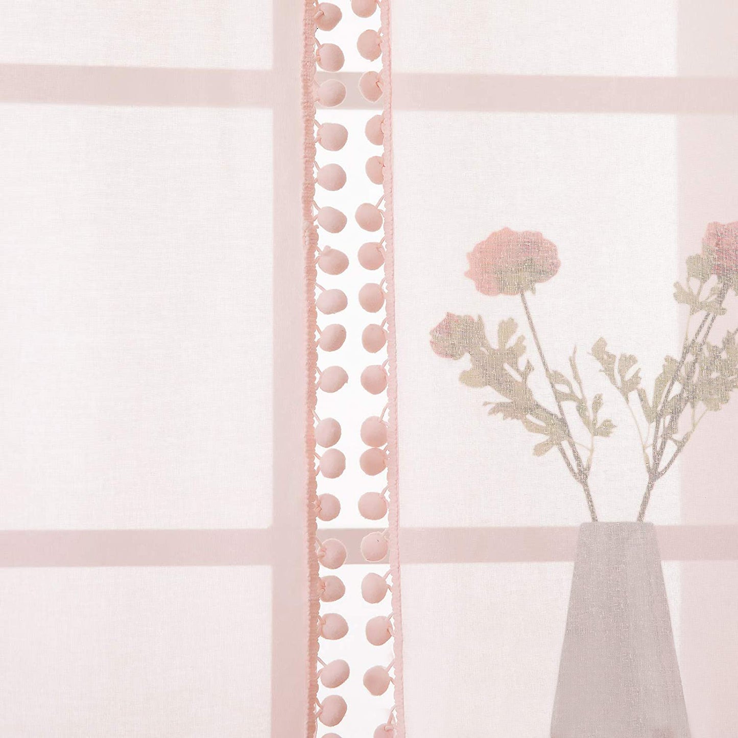 Rideaux transparents à pompons, rose, 1 panneau, 132x160cm/132x210cm/132x240cm/132x270cm