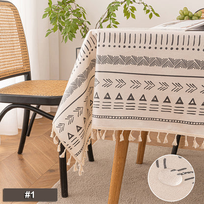 Boho tablecloth with tassels, waterproof, cotton linen, geometric pattern